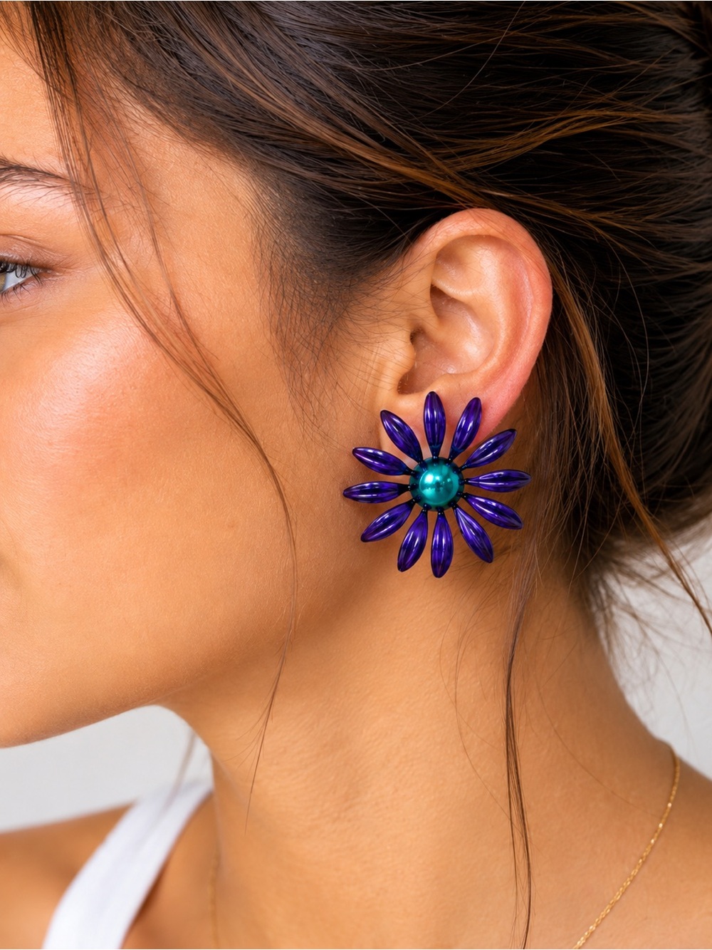 Vintage Purple Daisy Flower Statement Earrings Teal Center Large Retro Floral